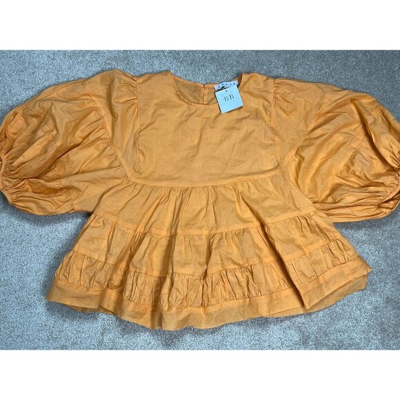NWT HYFVE Woman's Orange Babydoll Blouse Ruffled Crop Top M lantern sleeve‎ - Picture 2 of 11